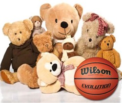Stuffed Animals with a basketball.