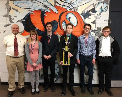 Coach Rob Fetters,  Mary Harris, Christian Knox, Luke Trese, Malcolm McDonnell, Jacob Lebold with Licking County Quiz Bowl League Trophy