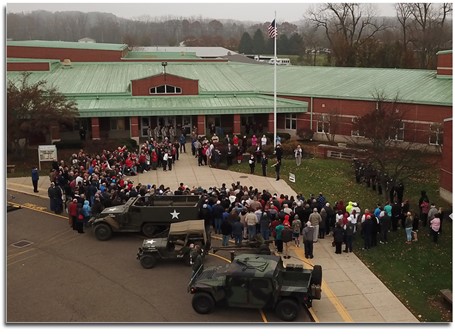 Aerial view of Mount Vernon Middle School during Veterans Day breakfast.