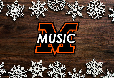 The Mount Vernon Music logo against a barn wood and snowflake background.