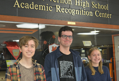 National Merit Semifinalists Mateo Pechon-Elkins, Ian Hawthorne, and Hannah Hofferberth
