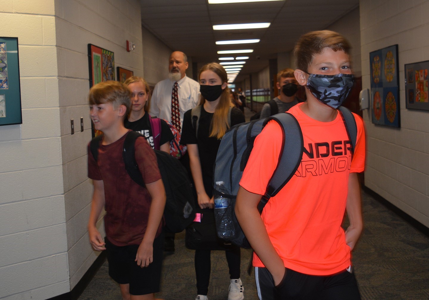 Students changing classes in the Middle School hallway.