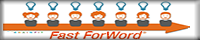 Fast ForWord logo - orange with an arrow, kids with lightbulbs above heads