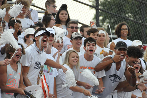 Students cheering in the HIVE during a football game.