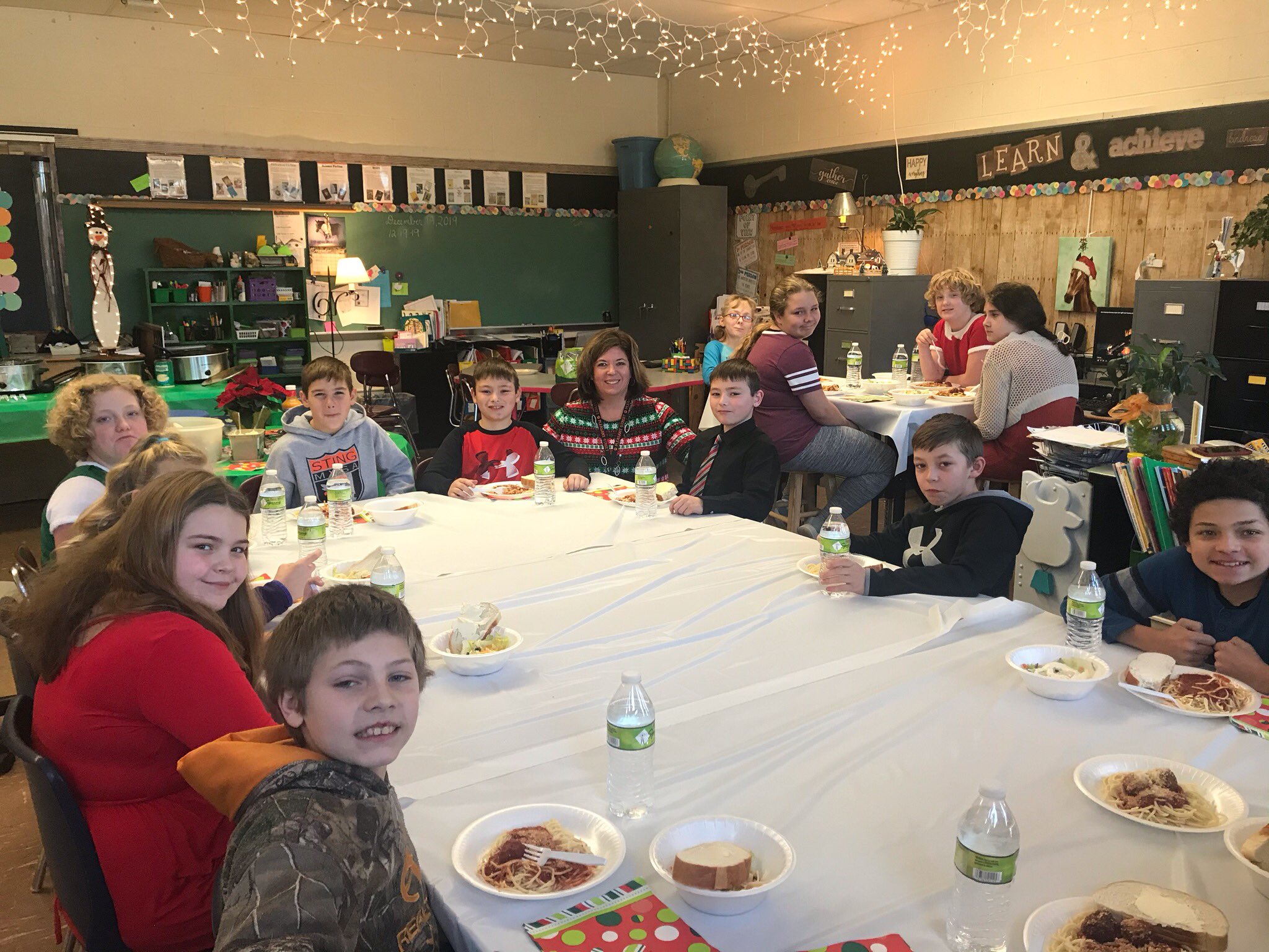 Pleasant Street students and teachers having dinner at the school.