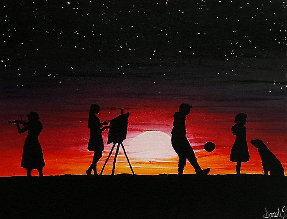 Acrylic painting of student shadows performing during moonrise.