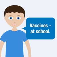 Cartoon drawing of older boy with vaccines at school in bubble.
